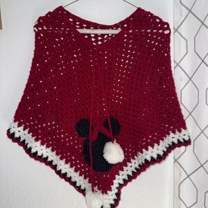 Charming Red Crochet Poncho with Pom Poms